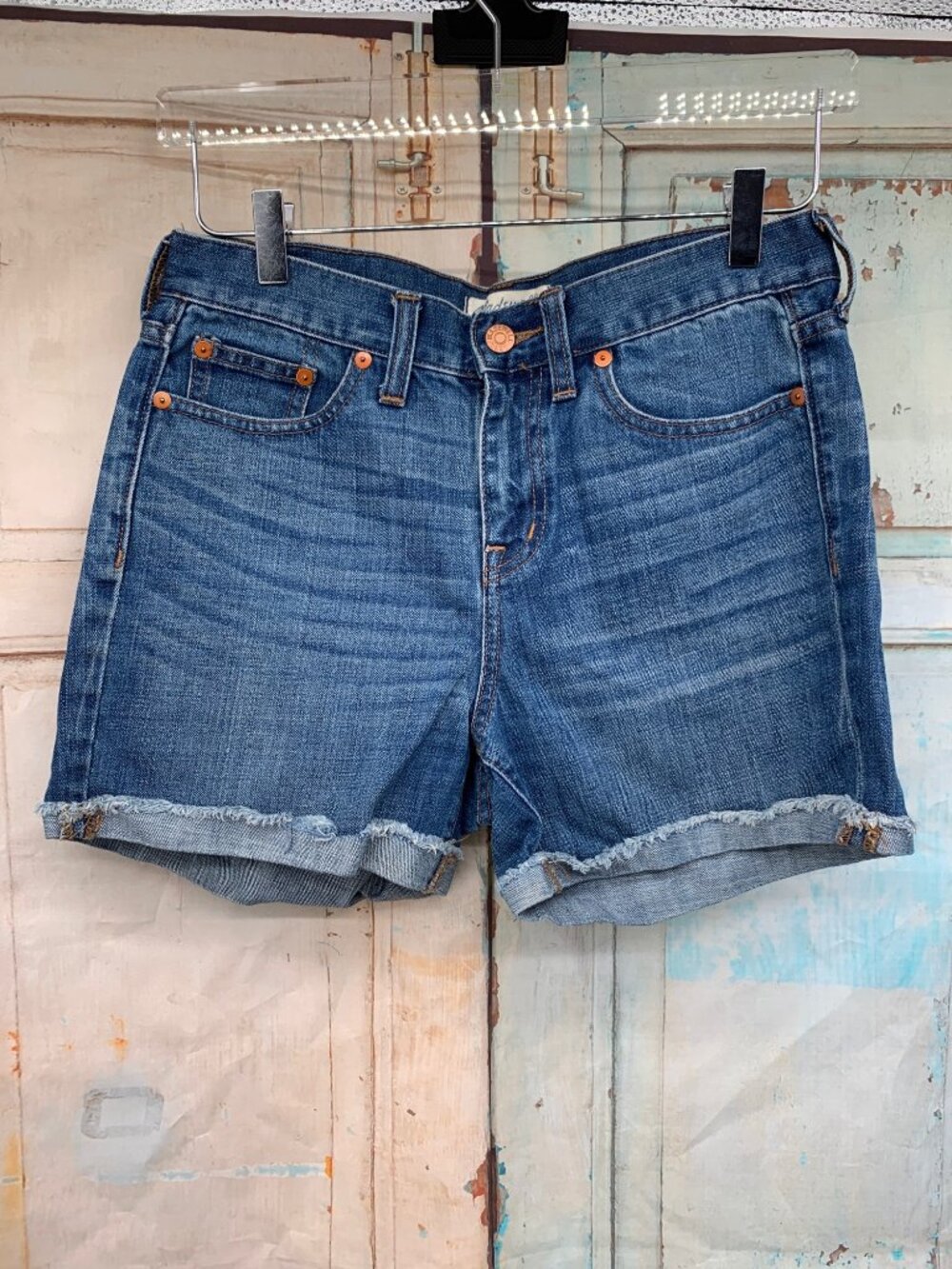 Madewell Blue Denim Cutoff Shorts Size 26 Raw Hem Mid-Rise Casual Womens Jean Sh